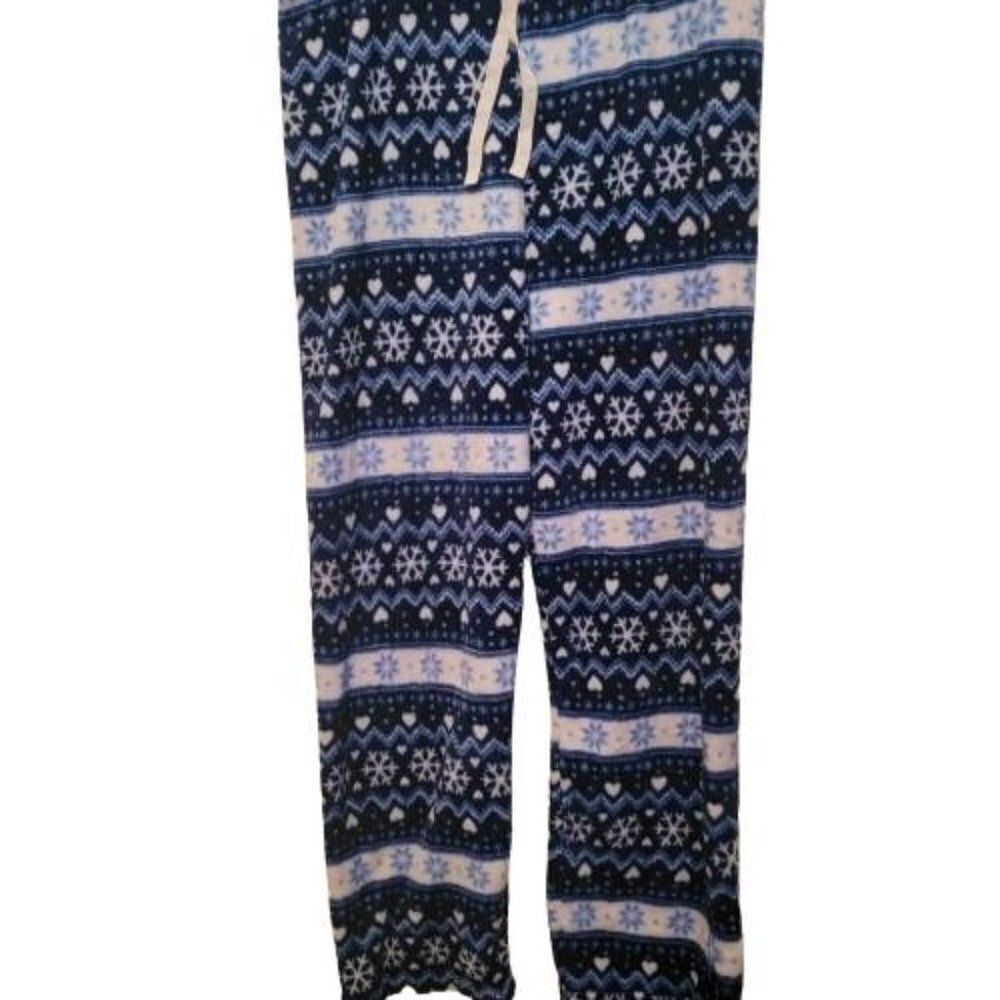 Womens Blue Fair Isle Drawstring Elastic Waist Winter Pajama Pants XL